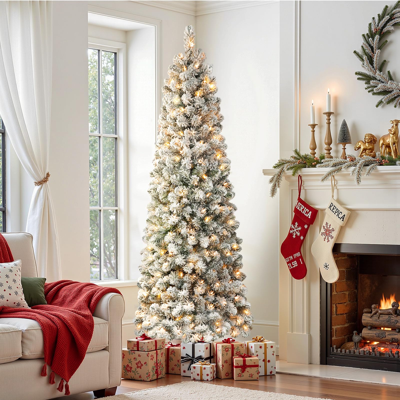 Lolsea 4.5' Pre-Lit Snow Flocked Pencil Christmas Tree, Warm White photo 5