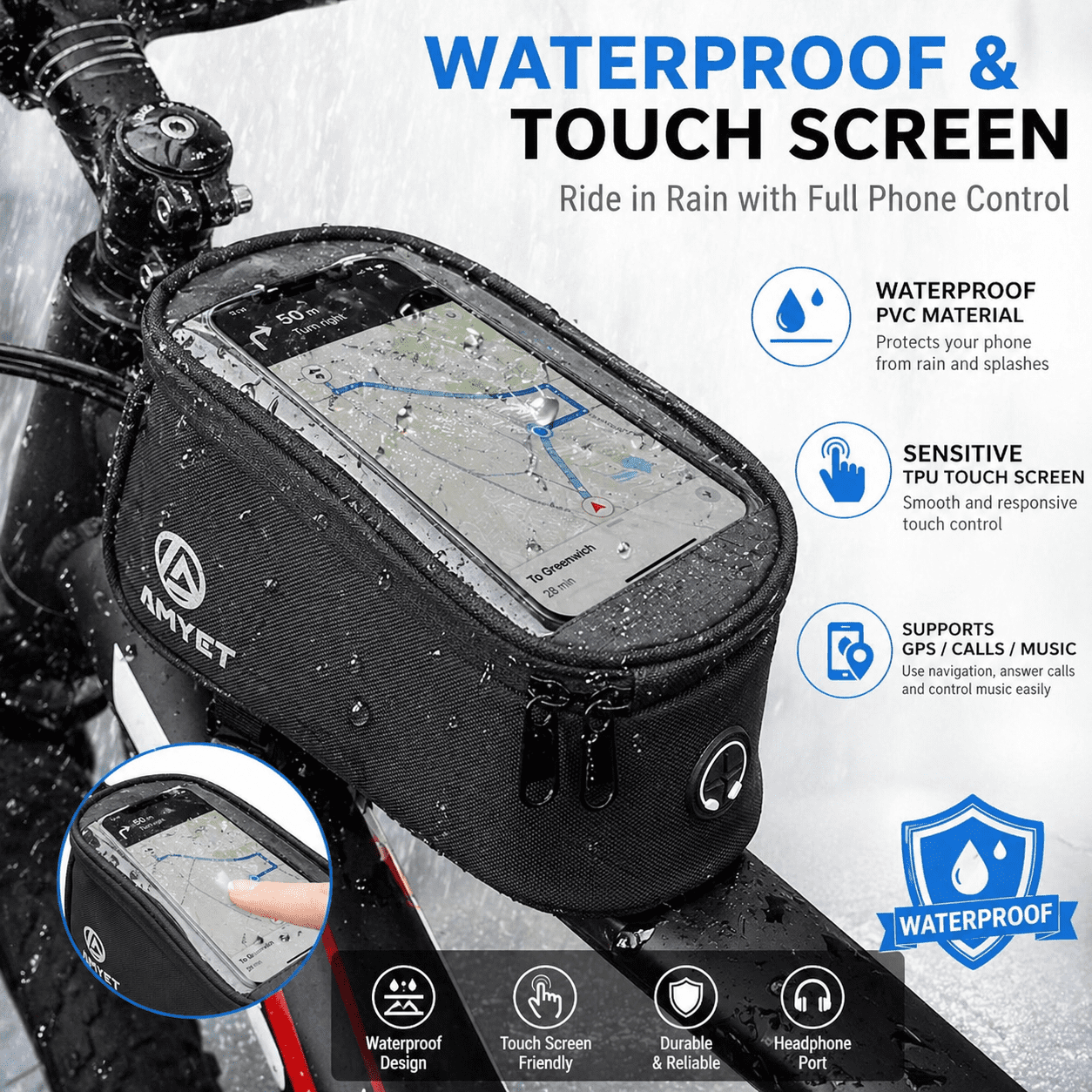 Bike Phone Front Frame Bag Waterproof, 6.5" Touch Screen Bicycle Top Tube Bag with TPU Screen, Dual Storage, Velcro Mount, Bike Phone Holder for Road Mountain Bikes