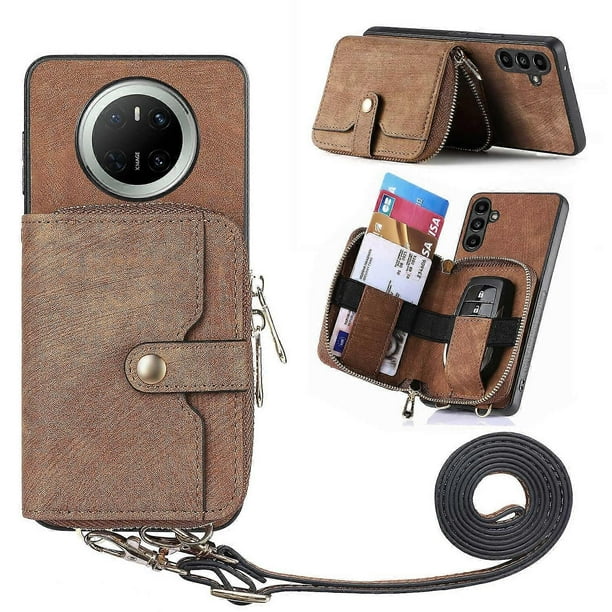 For Huawei Mate 70 PU Leather Phone Back Cover with Zipper Card Holder and Long Strap - Green