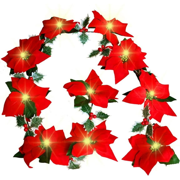 Morttic 6.5ft Pre-Lit Christmas Poinsettia Garland Flowers Decorations with Red Berries and Holly Leaves, Battery Operated Fairy Lights, Warm White for Xmas Party Holiday Front Door Wreath Decor