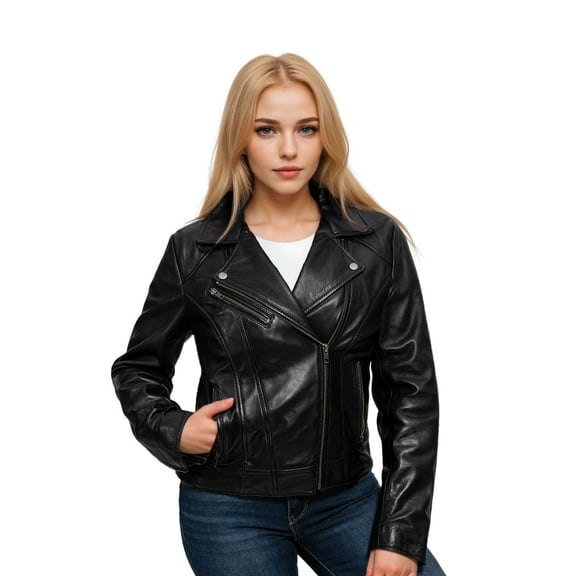 DODICI Women's Moto Genuine Leather Jacket (Black, M)