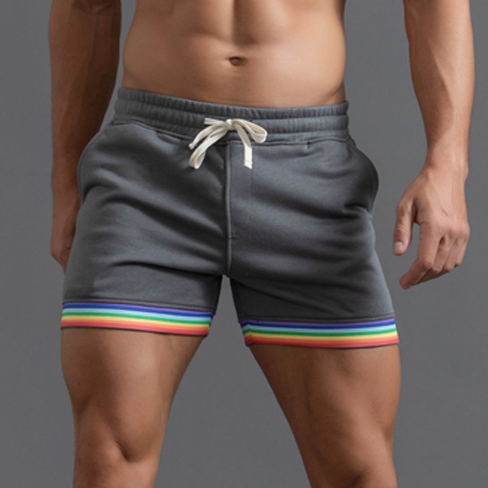 CHANGMOO Male Summer Solid Color Rainbow Pants Pocket Drawstring Loose Casual Sports Running Straight Shorts Beach Pants