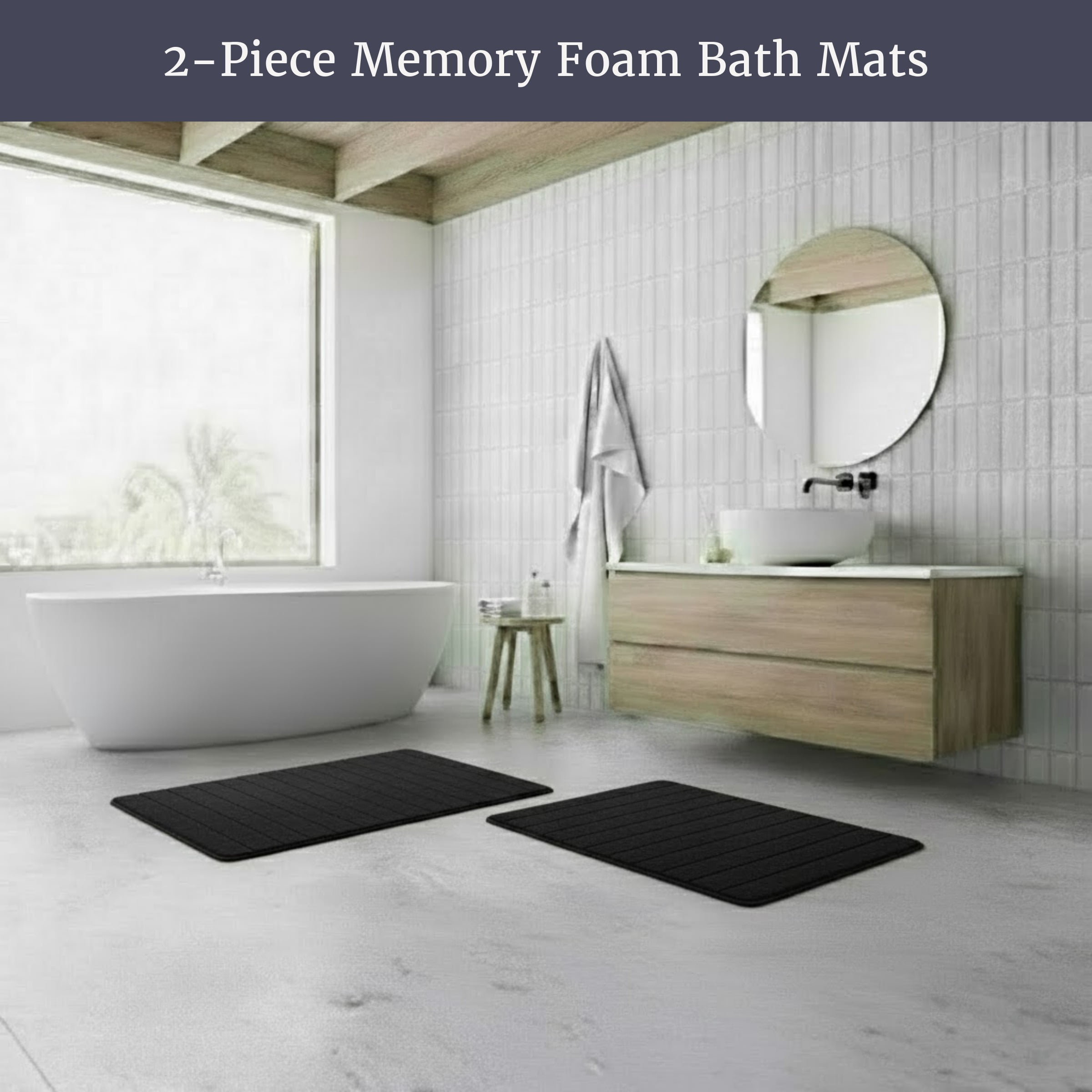 Lavish Home Set of 2 Bath Rugs – Non-Slip Memory Foam Bathroom Set, Black