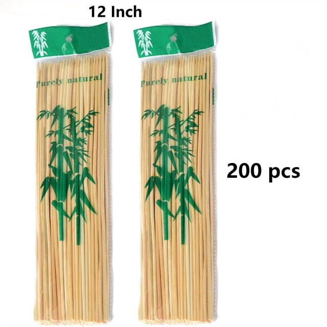 100pcs 200pcs natural bamboo skewers, wooden skewers, kebab, short skewers, wooden kebab skewers for fruit kabobs, appetizer, chocolate fountain, cocktail, 8"/10"/12" Paquete de 200 piezas de palitos de bambú naturales de 12 in en dos bolsas transparentes, vista frontal, varillas lisas y puntiagudas agrupadas verticalmente con dibujo verde de bambú sobre fondo blanco; también aptos como palillos para coctelería y aperitivos.