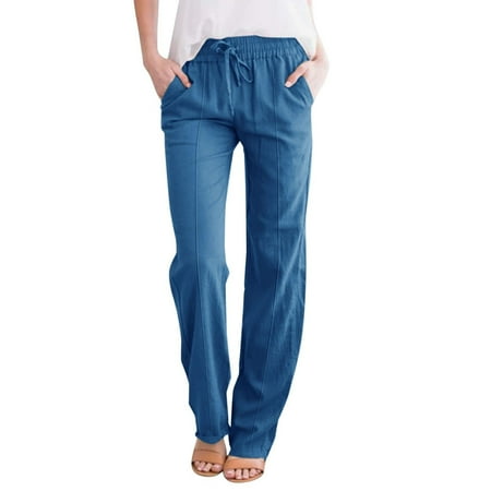 Prdecexlu Cotton Linen Pants for Women Summer Wide Leg Loose High Waist Casual Pants Drawstring Baggy Solid Color Beach Vacation Trousers with Pockets Blue XL