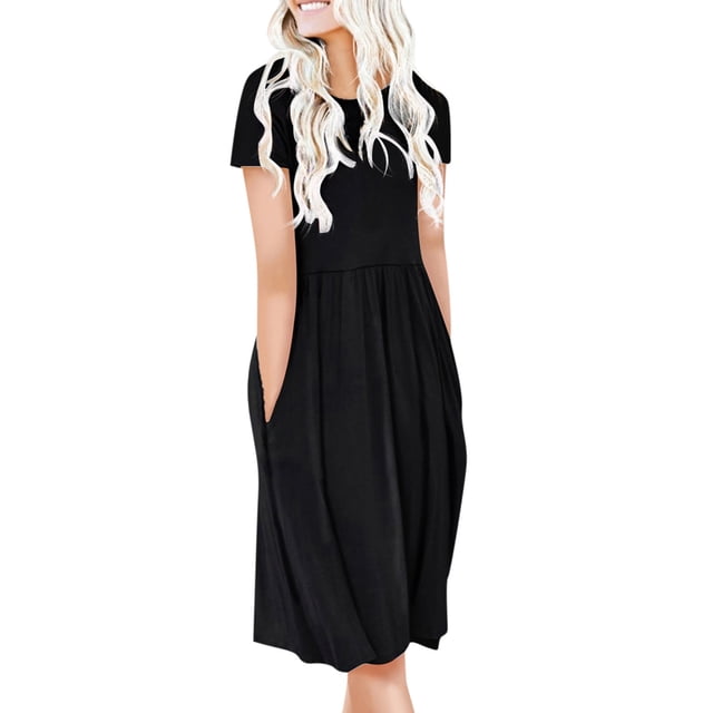 LOVZFMLL Mode Femmes Décontracté Femmes Manches Courtes Col Rond Poches Uni Robe pour Dames Noir TG