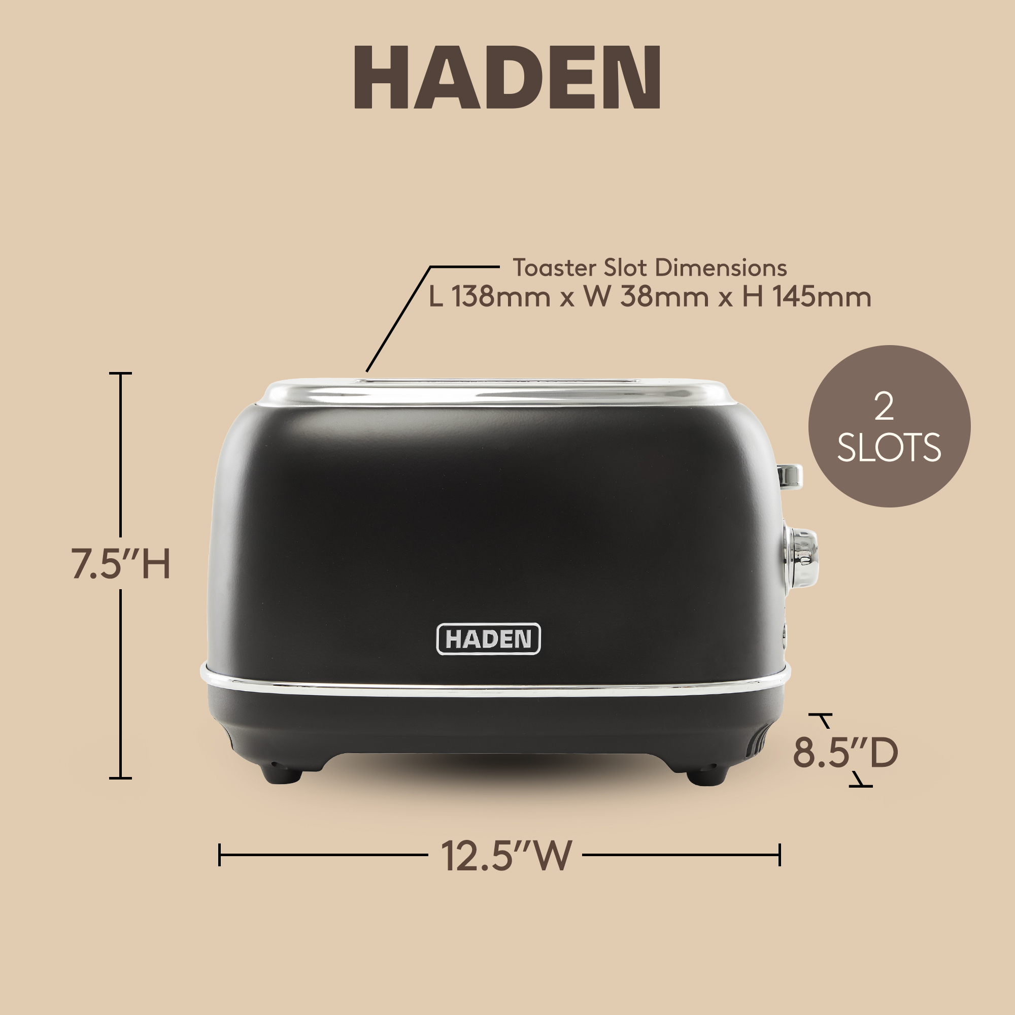 Open Box Haden Heritage 2 Slice Wide Slot Toaster w/Crumb Tray, Black/Chrome