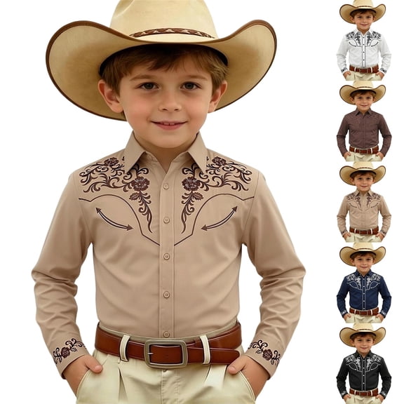 JAJAHO Boys Cowboy Shirts Long Sleeve Button Down Collared Shirts Casual Floral Printed Hippie Tops For Kids 4-13Y