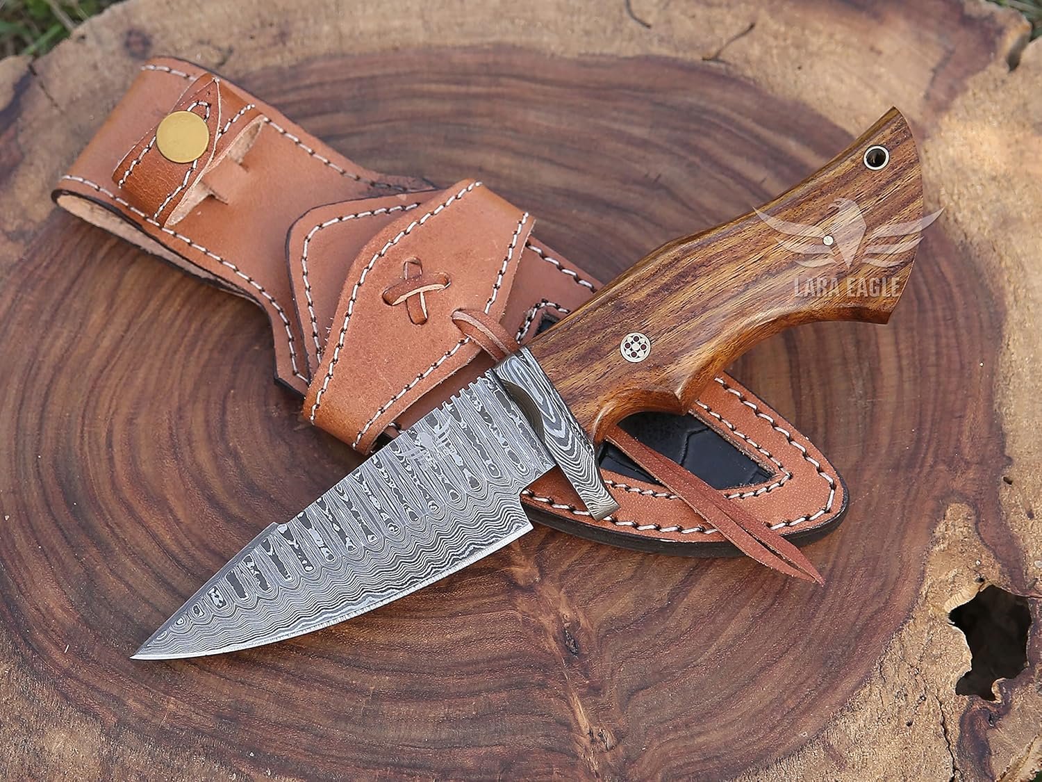 Lara Eagle Bobcat Fixed blade Skinning Knife for Camping, Handmade damascus Hunting Knifves with Leather Sheath, Size 10" sharp outdoor knife