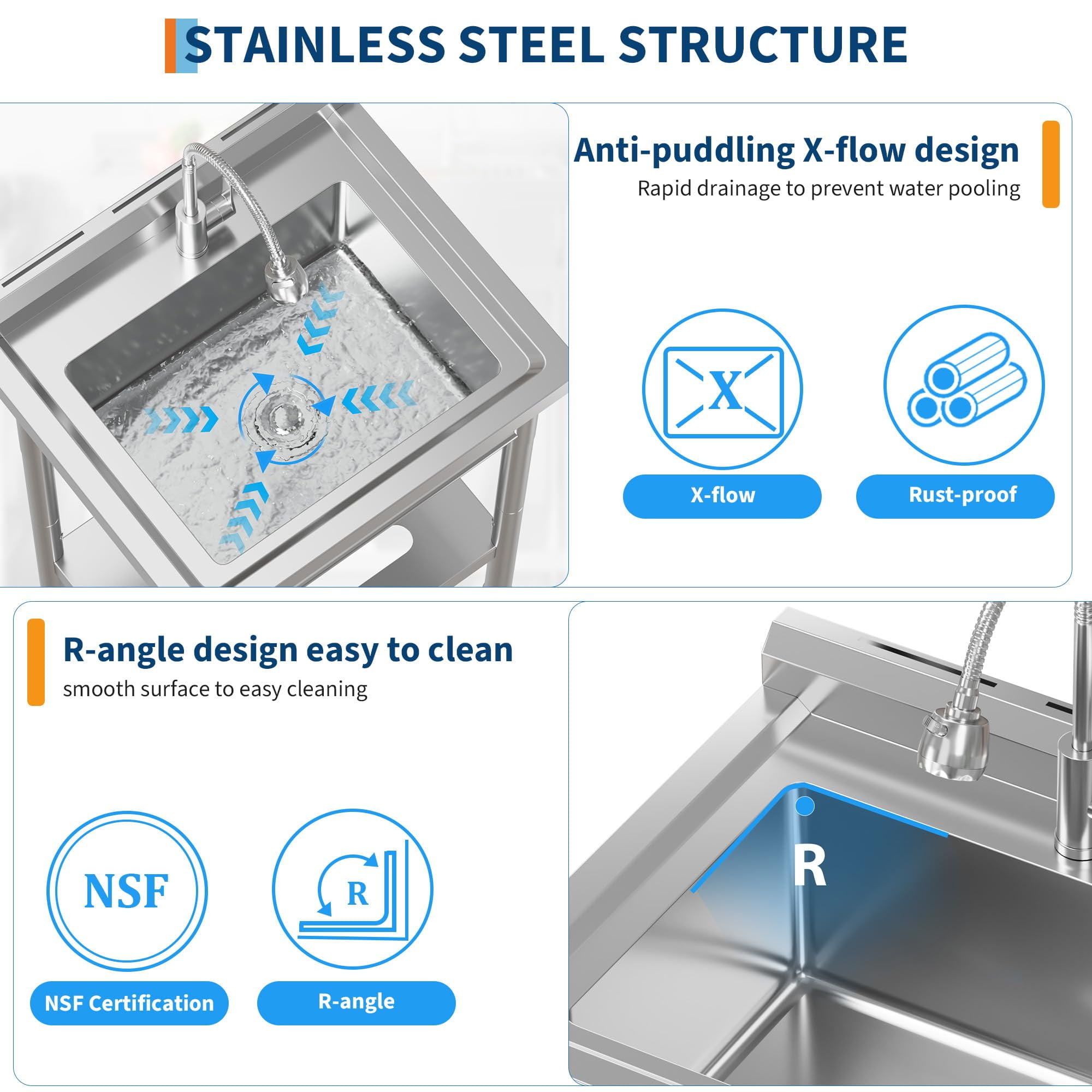 Accreate Freestanding Stainless Steel Utility basin with Faucet – 304 Single Bowl, Adjustable Legs, Storage Shelf, S-Hooks, Hot & Cold Water Pipes – Commercial Prep Kitchen/Laundry/Garage basin