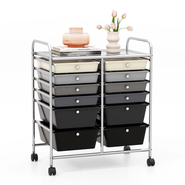 Costway 12 Drawers Rolling Cart Storage Mutlicolor Scrapbook Paper Studio Organizer Bins Gradient Grey
