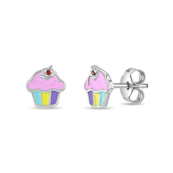 Pink Frosted Cupcake Kids / Children's / Girls Earrings Enamel - Sterling Silver
