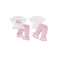 thumbnail image 2 of BemeyourBBs Toddler Baby Girl Birthday Outfit 1 2 3 4 5 Years Old Birthday Summer Clothes Baby Girls Ruffled Short Sleeve Crew Neck Letters T-shirt with Plaid Flare Pants Set, 2 of 9