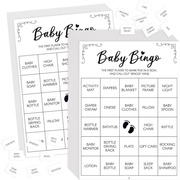 Baby Shower Bingo Game, 50 Bingo Cards Perforated Calling Cards Bingo Games for Baby Shower, Bridal Wedding Shower (White)