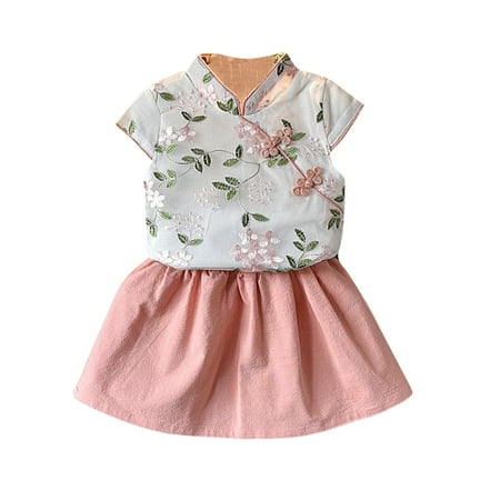 

Fesfesfes Toddler Kids Baby Girl Outfits Clothes Embroidery Cheongsam Shirt Tops and Skirt Set Clearance