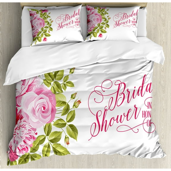 Bridal Shower Duvet Cover Set, Shabby Form Flowers Roses Buds and Leaves Art Print, Decorative 3 Piece Bedding Set with 2 Pillow Shams, Calking Size, Pale Pink Hot Pink, by Ambesonne