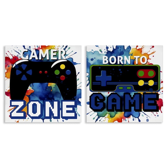 Stupell Industries Gamer Zone on Splash Quotes and Sayings Painting Wrapped Canvas Canvas Art Print Wall Art, 17 x 17, Set of 2