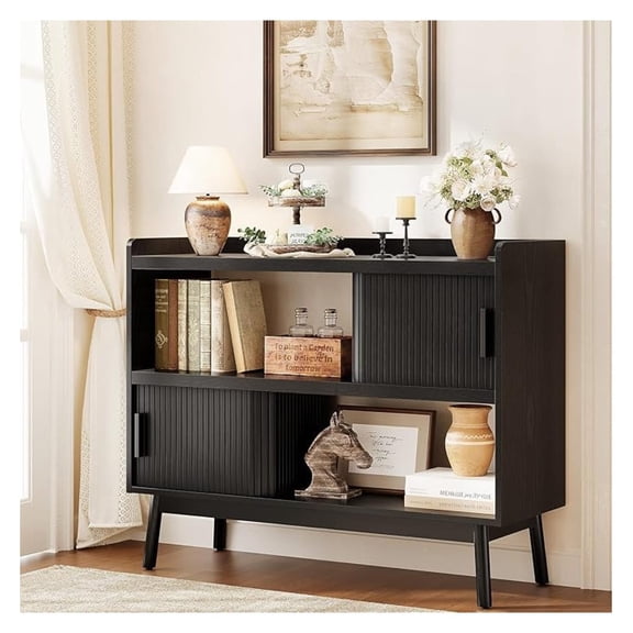 44" Sideboard Buffet Cabinet with Outlet & 2 Open Storage Spaces, Fluted Sideboard Cabinet with Sliding Door & Adjustable Shelves, -Century Accent Coffee Bar Console Table with Wooden Feet