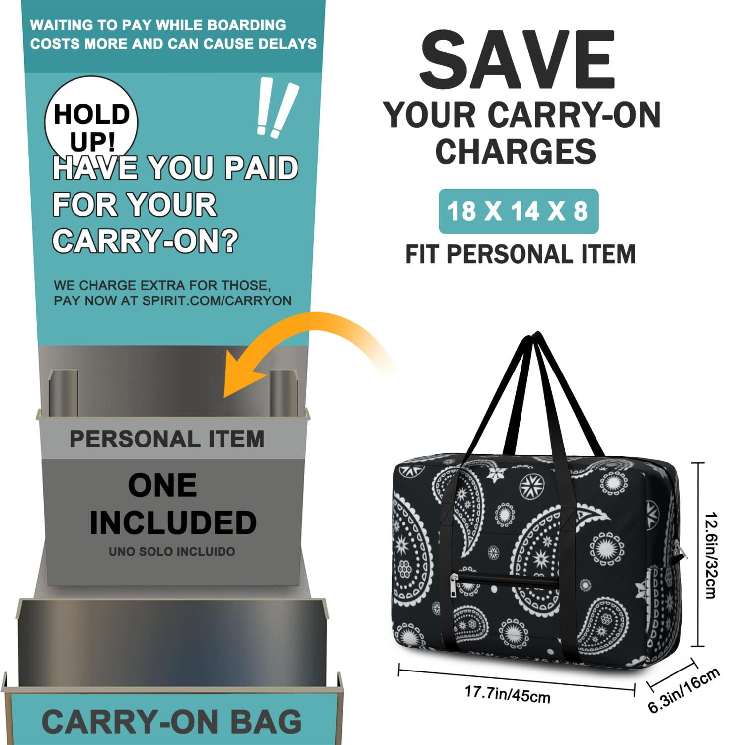 For Spirit Airlines Personal Item Bag 18x14x8 Inch, Floral Paisely Weekender Travel Bag, Foldable Travel Duffel Bag Underseat Carry on Bag with Luggage Sleeve for Women and Men 30L