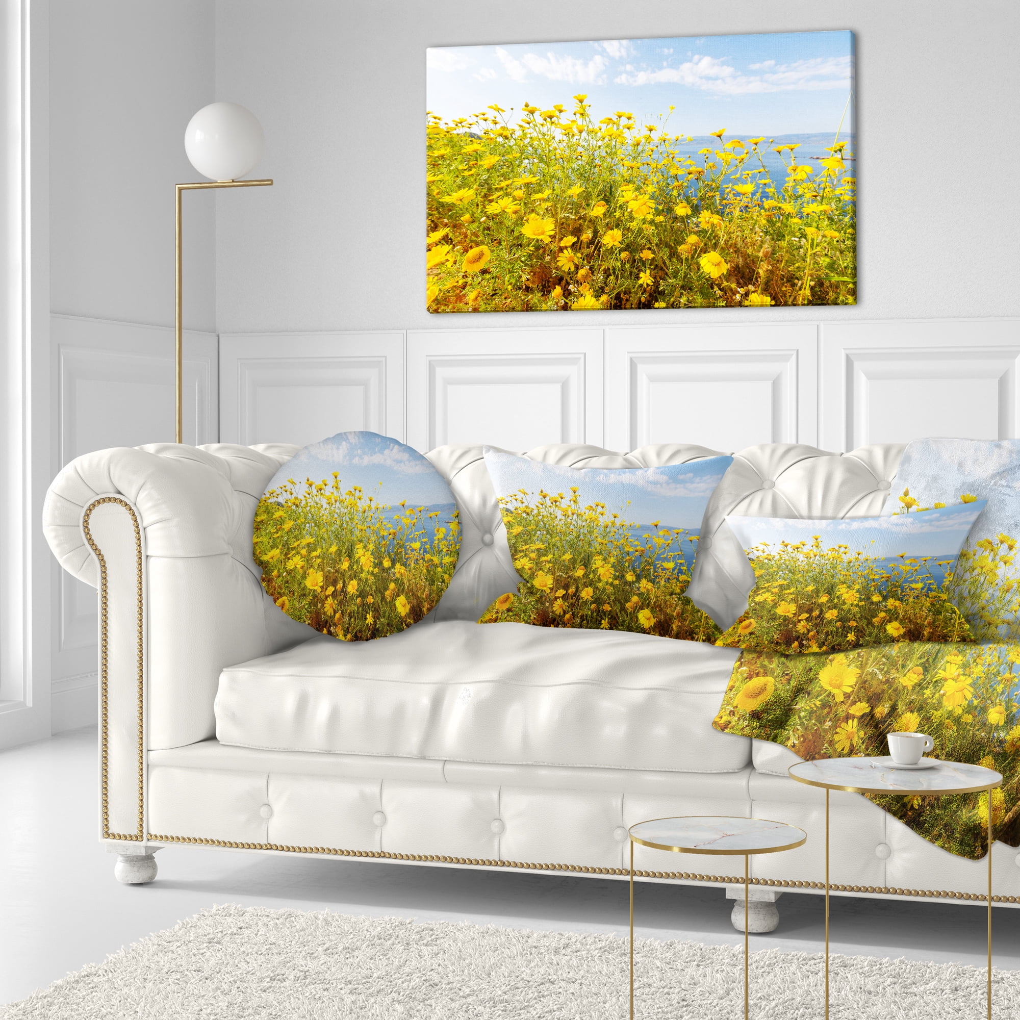 Designart Little Yellow Flowers over Seashore - Flower Throw Pillow - 12x20