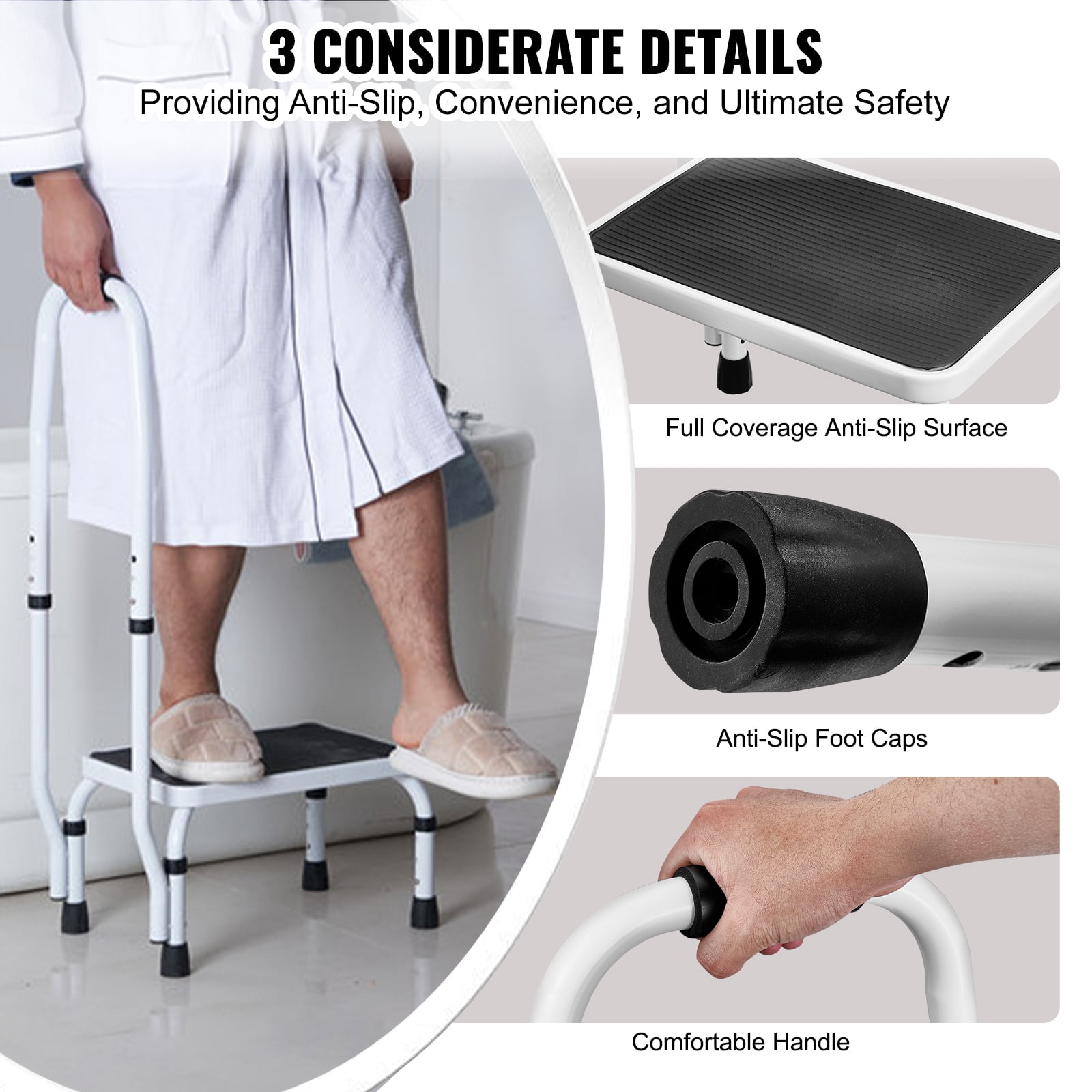 VEVOR Step Stool 1-Step 330lbs Capacity, 3 Adjustable Height with Handle Steel Step Ladder, Portable Step Stools for Adults, Non-Slip Sturdy Step Ladders for Office, RVs, Pets