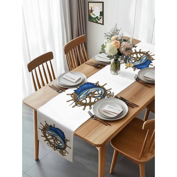 Burlap Table Runner 90 Inches Long, Ocean Fish Nautical Rudder Non-Slip Kitchen Table Runners for Dining Room Everyday Use Party Table Decorations Coastal Beach Theme
