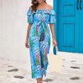 thumbnail image 5 of Usmixi Jumpsuits for Women Dressy Beach Vacation Elastic Waist off Shoulder Jumpsuits Overalls with Tie Summer Square Neck Short Sleeve Leaves Print Long Formal Rompers Blue xxl, 5 of 6