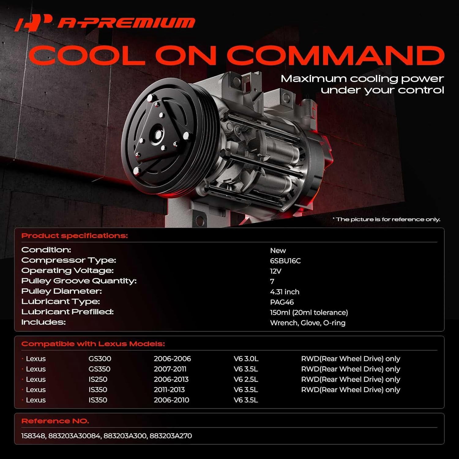 A-Premium AC Compressor with Clutch Compatible with Lexus GS300 2006 GS350 2007-2011 IS250 IS350 2006-2013 V6 3.0L 3.5L