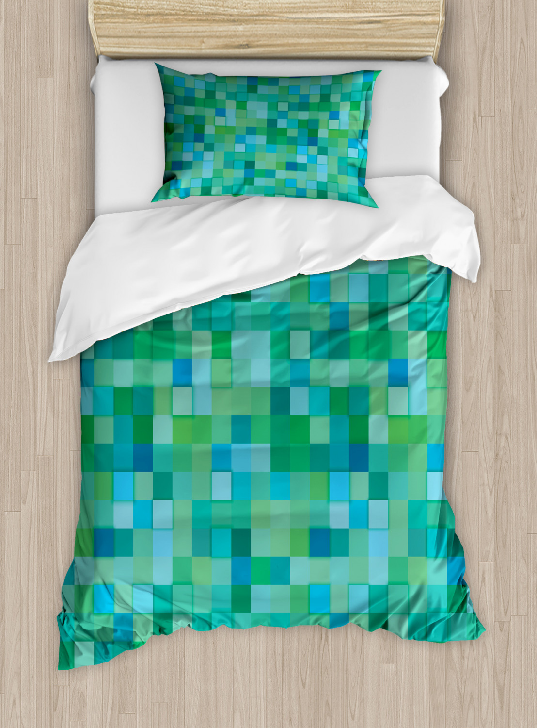 Teal Duvet Cover Set Twin Size, 3D Cube Pattern Abstract Squares