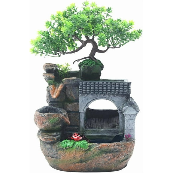 Bokknppo Indoor Water Fountain Humidifier Desktop Waterfall Bonsai Tabletop Fountains with Color LED Light with Rockery Tree Plants for Home Office Bedroom (A)