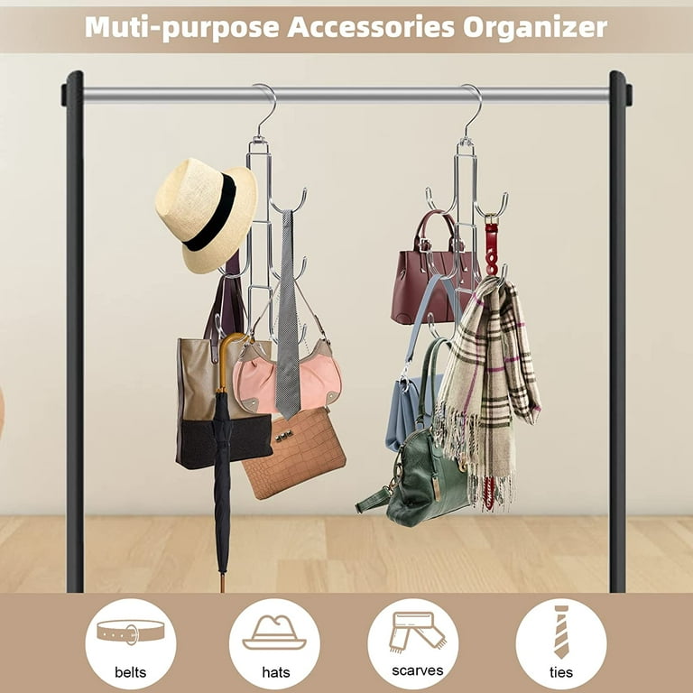Bomutovy 2 Pack Purse Organizer for Closet Scarf Storage Purse Hanger 360 Rotating Hanging Purse Holder Purse Rack with 4 Hooks for Bag Tie Belt