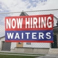 thumbnail image 2 of Now Hiring Waiters 13 oz Heavy Duty Vinyl Banner Waitress Waiter Jobs Available Help Wanted Sign for Business Advertising Indoor/Outdoor Single-Sided w/ Metal Grommets (4x6 ft, Re & Wh & Bl), 2 of 6