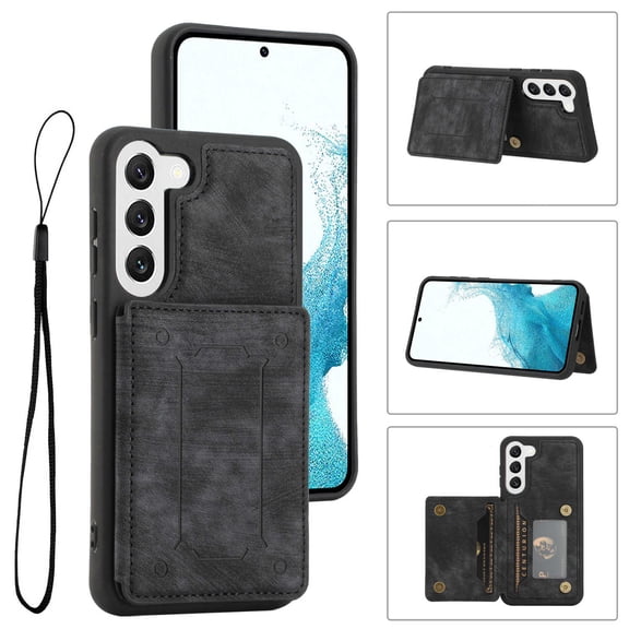 Compatible with Samsung Galaxy S23 Plus Case, Classic Wallet Case, Lanyard Wrist Strap with Kickstand PU Leather Card Holder Protective Cover for Samsung Galaxy S23 Plus 6.6 inch,Black
