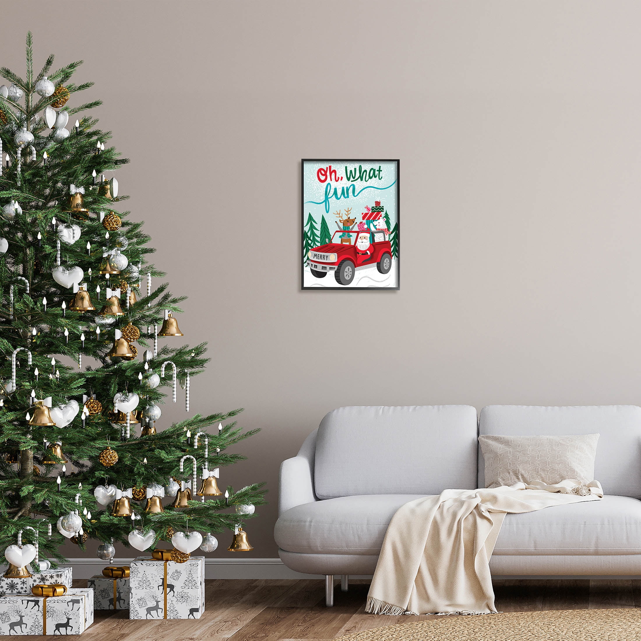 Oh What Fun Santa Driving Gifts Holiday Graphic Art Black Framed Art Print Wall Art