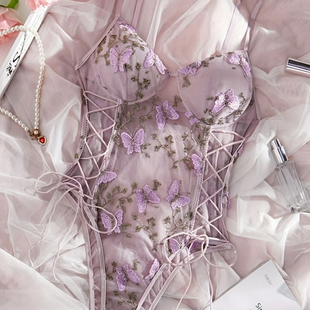 hghfhj Hot Butterfly Embroidery Mesh Teddy Lace Up V Neck Backless Thong Bodysuit Womens Sexy Lingerie & Underwear