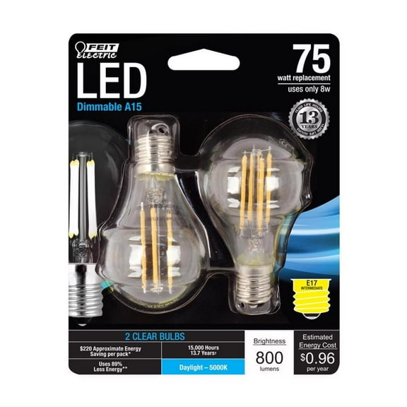 Feit A15 E17 (Intermediate) Filament LED Bulb Daylight 75 Watt Equivalence 2 Pack