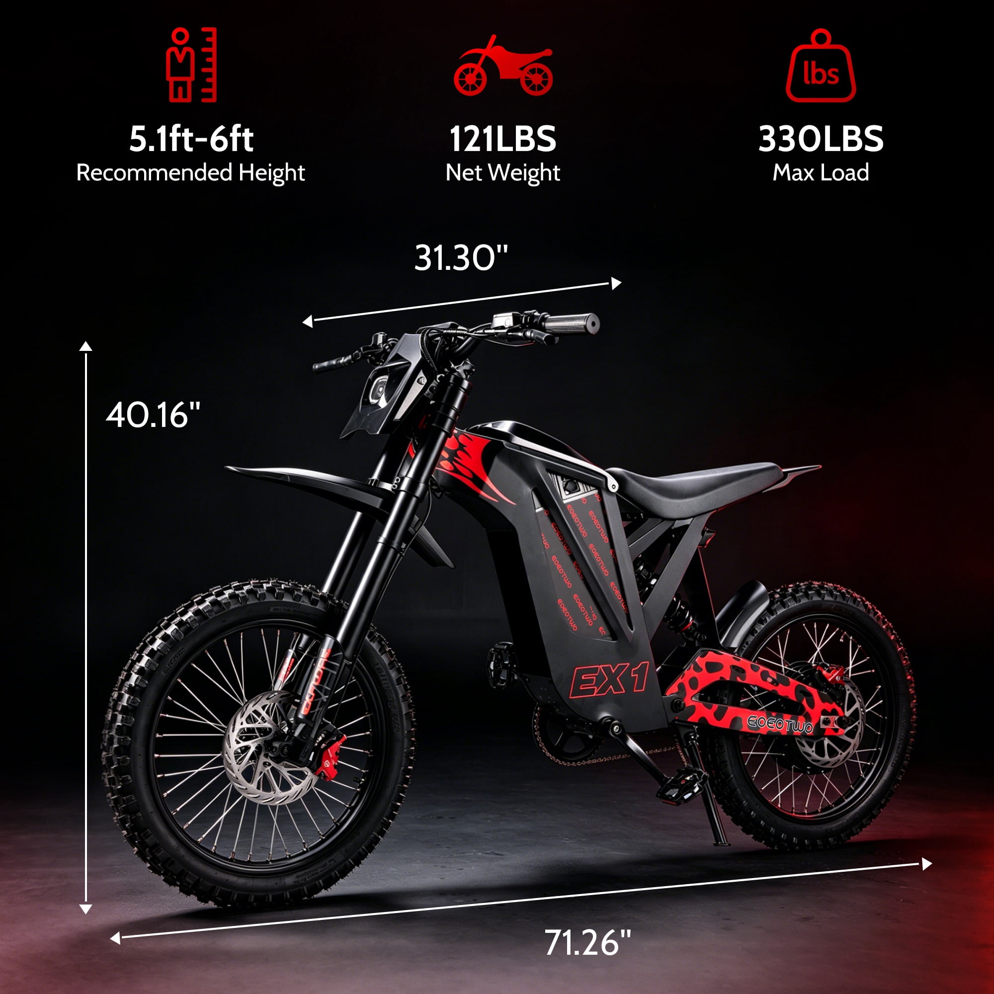 EOEOTWO EX1 3000W Electric Dirt Bike for Adults, 40MPH Fast Off-Road Electric Motorcycle with 48V 25Ah Battery, 50 Miles Long Range, Dual Hydraulic Suspension & Disc Brakes UL2849