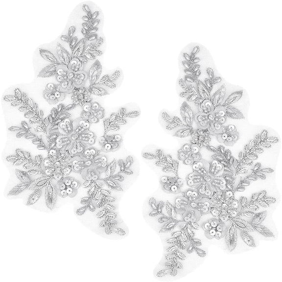 3D Sequin Beads Embroidered Lace Applique Flowers Leaves Sew on Trim Patches Glitter Bead Floral Collar Fabric Craft Decoration Patch for Sewing Wedding Clothes Dress Pants Jeans Bag White 1bag