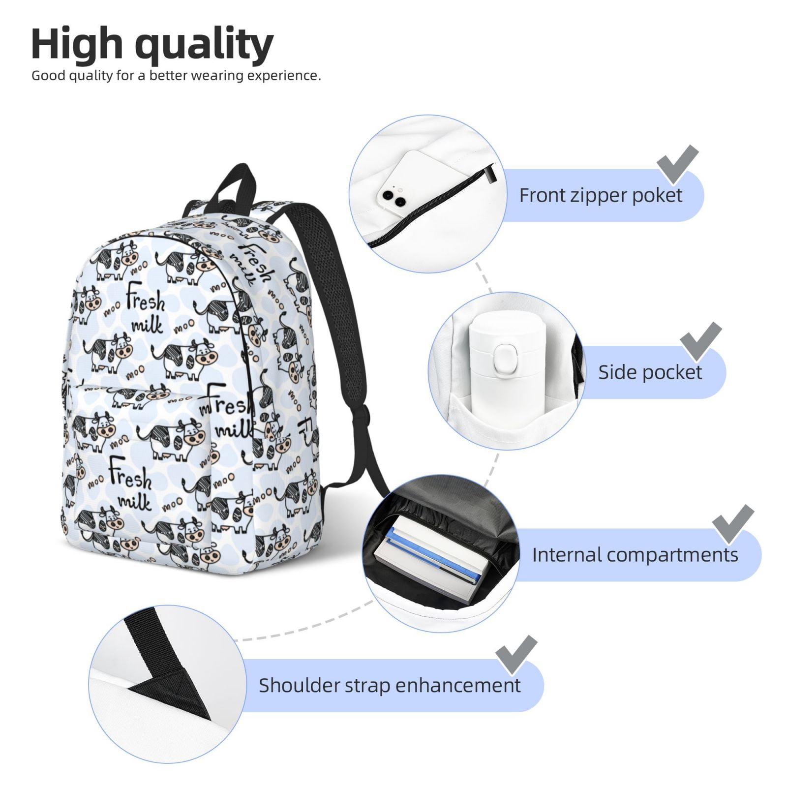 Vsdgher Cow With Fresh Milk Print Canvas Backpack Travel Rucksack Unisex Knapsack 15.7/17.7Inch Laptop Backpack for Work,College -Medium