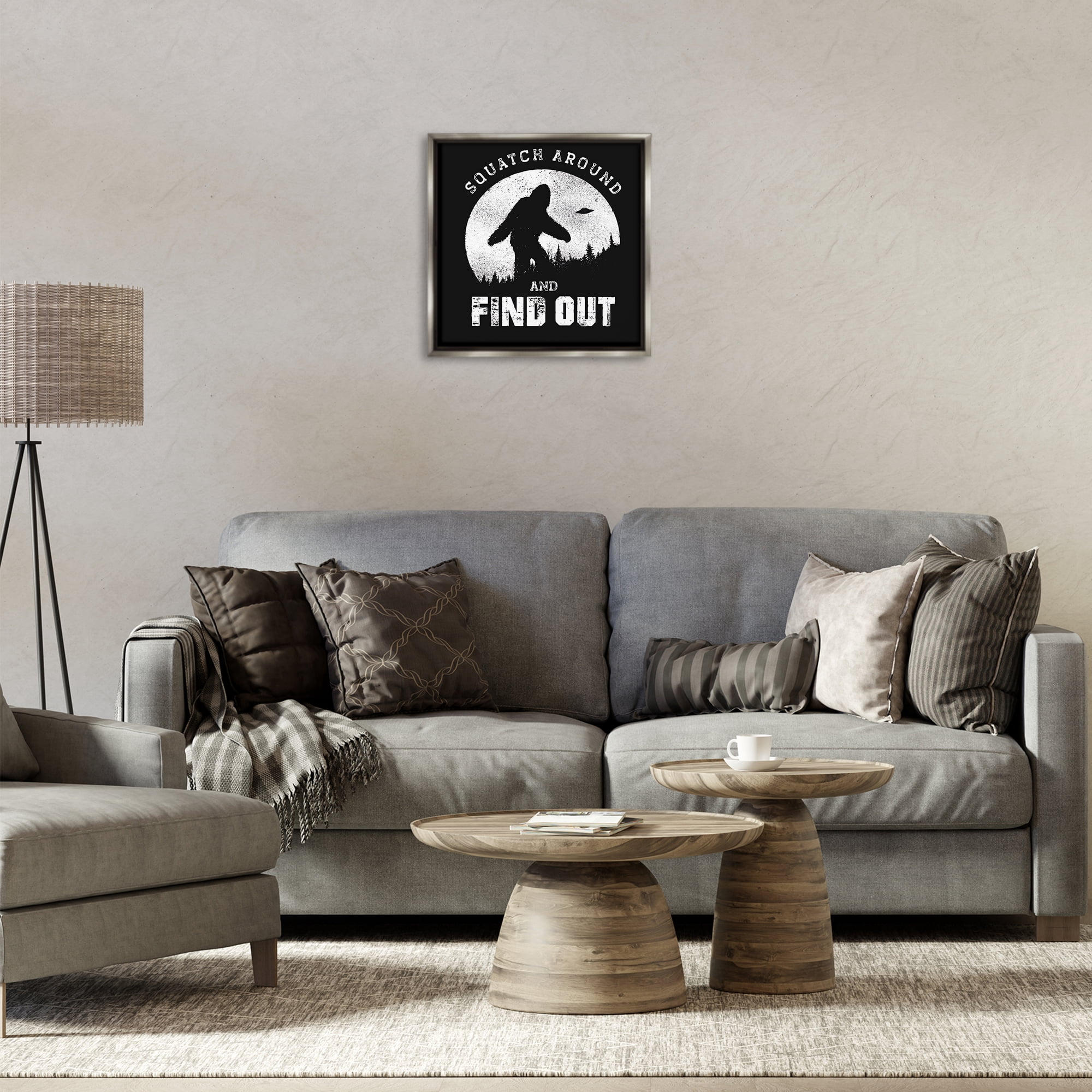 Stupell Industries Funny Mythical Monster Saying Novelty & Humor Painting Gray Floater Framed Canvas Art Print Wall Art, 18 x 18