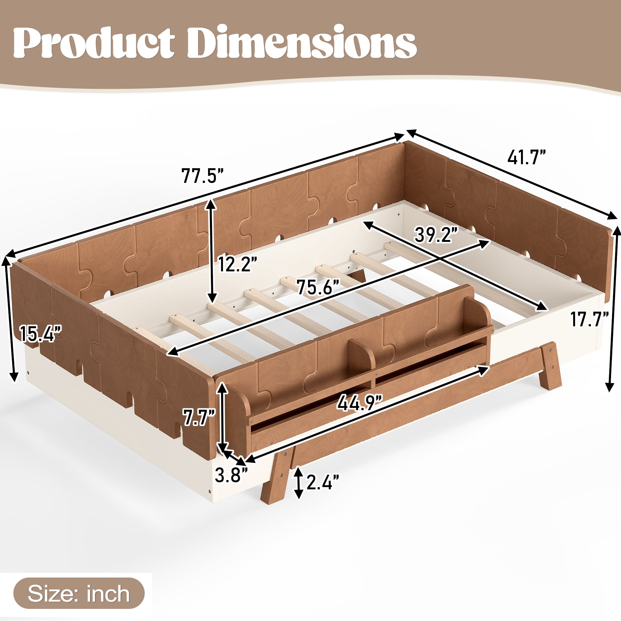 Mintazer Twin Size Montessori Floor Bed Frame, Kids Puzzle Block Design Platform Bed with Guardrails & Bookshelf for Bedroom, Brown & Beige