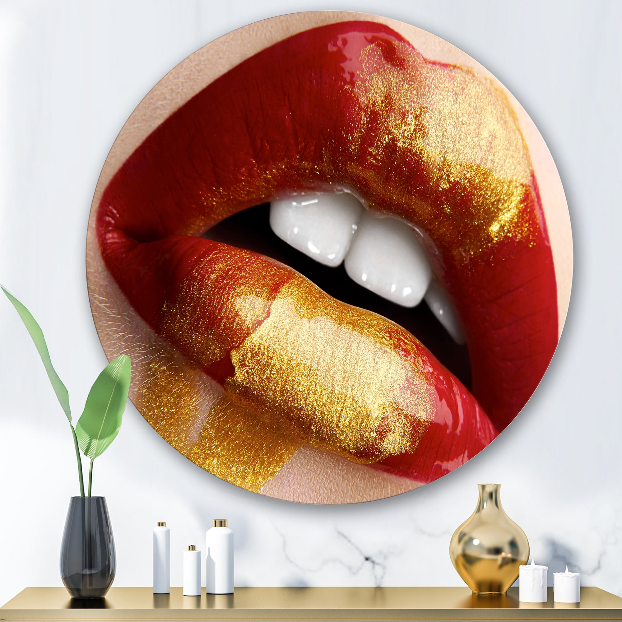 Designart 'Plump Woman Lips With Gold and Red' Modern Circle Metal Wall Art 36x36 - Disc of 36
