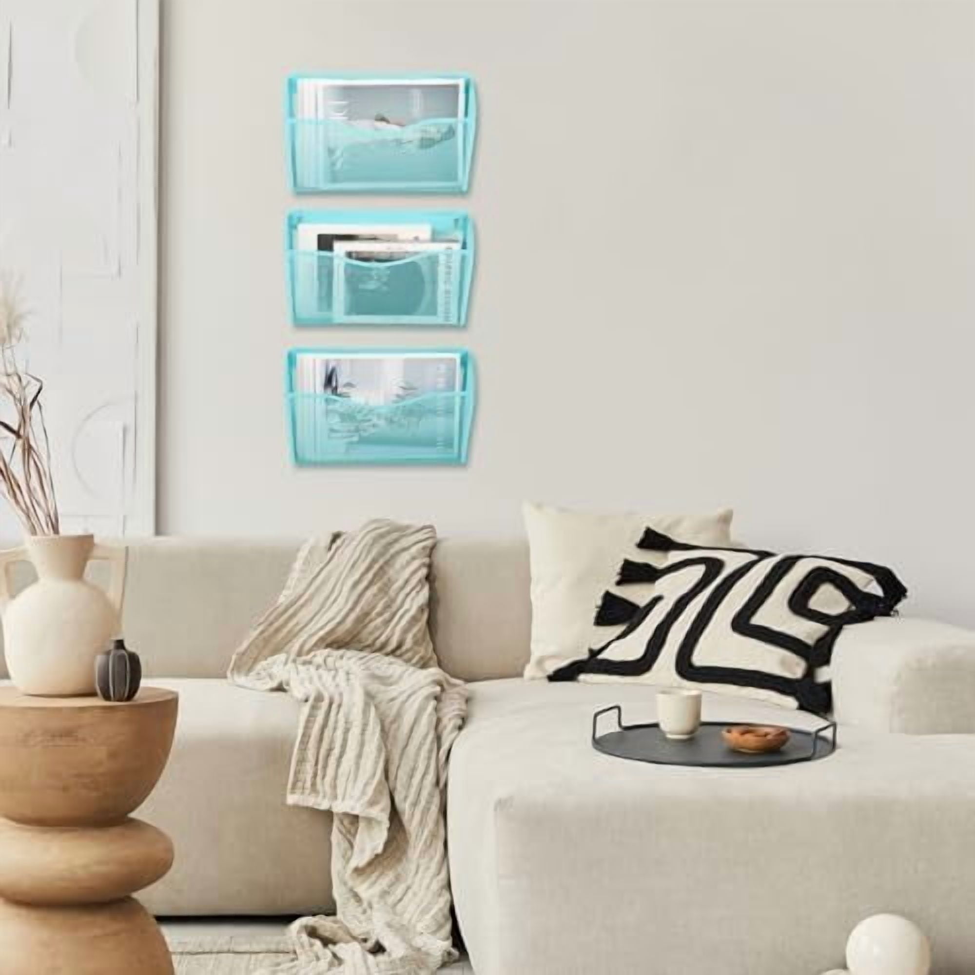3 Single Pocket Mesh Hanging File Organizer, Vertical Wall Mounted Magazine File Holder, Mount Basket Mail Paper Document Folder Organizing for Office, Home and School, Blue
