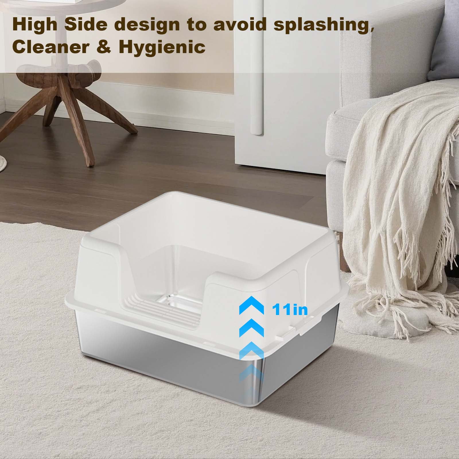Stainless Steel Cat Litter Box with Lid – Leak-Proof & Scratch-Resistant Litter Box for Large Cats, Includes Anti-Slip Mat & Scoop, Easy to Clean