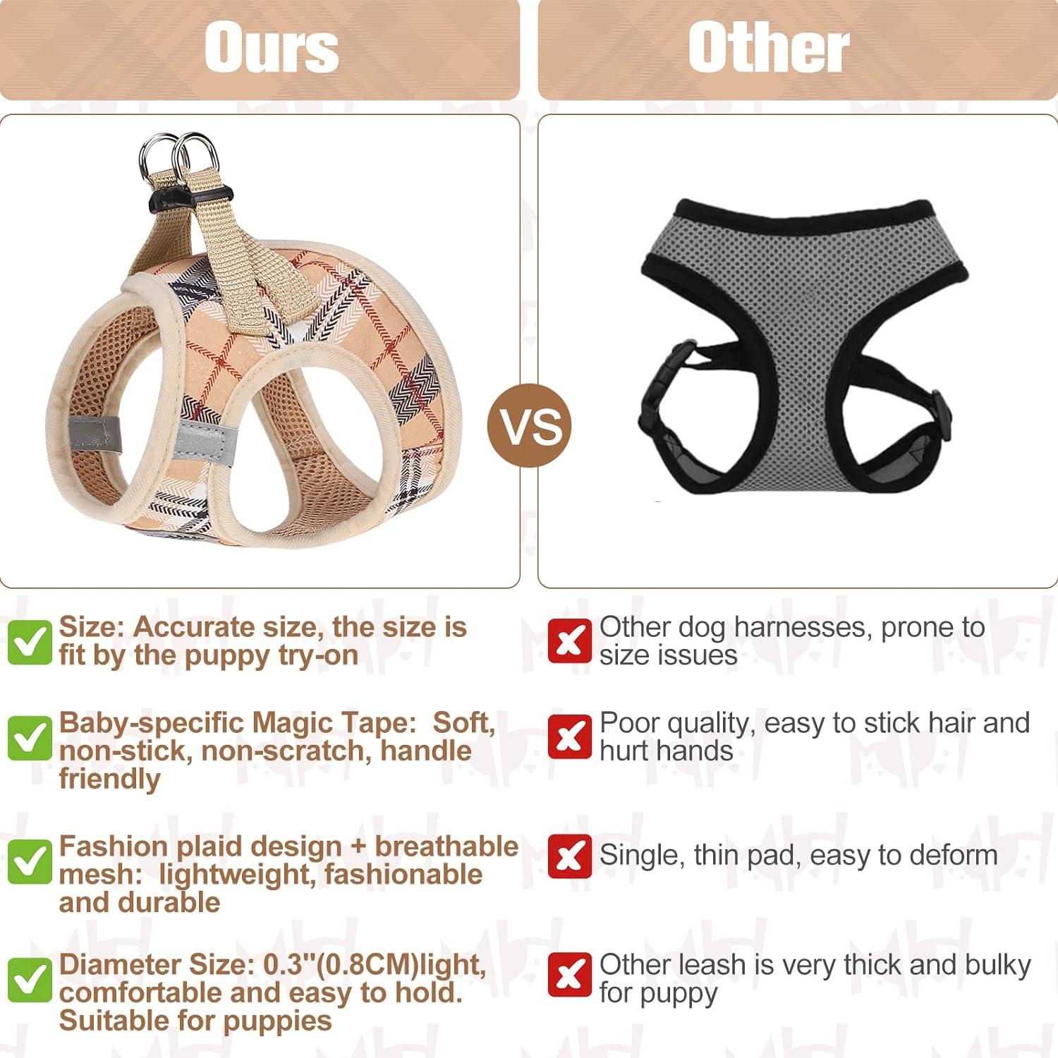 Small Dog Harness and Leash Set,Step in No Choke No Pull Soft Mesh Dog Harnesses Reflective for Extra Small Medium Puppy Dogs and Cats, Plaid Dog Vest Harness for XS S Pets, Beige S