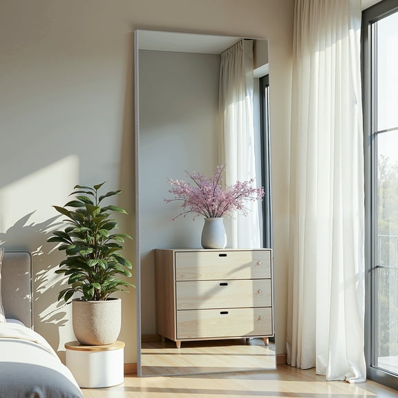 MAYEERTY 71"x32"Aluminum Alloy Thin Edge Right Angle Rectangular Silver Full Length Mirror No Stand