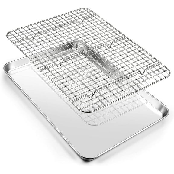 16 Inch Baking Sheet and Rack Set, RUseeN Stainless Steel Baking Cookie Sheet Pan with Grid Rack for Cooking / Roasting / Cooling, Oven & Dishwasher Safe, Healthy & Durable
