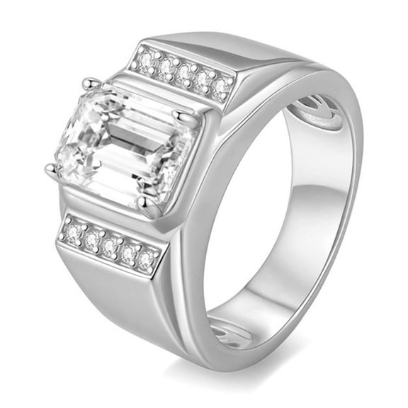 3 Carat Mens Moissanite Ring Sterling Silver Diamond Wedding Band Ring for Men D Color VVS1 Emerald Cut Engagement Promise Birthday Jewelry for Him Size 7-12