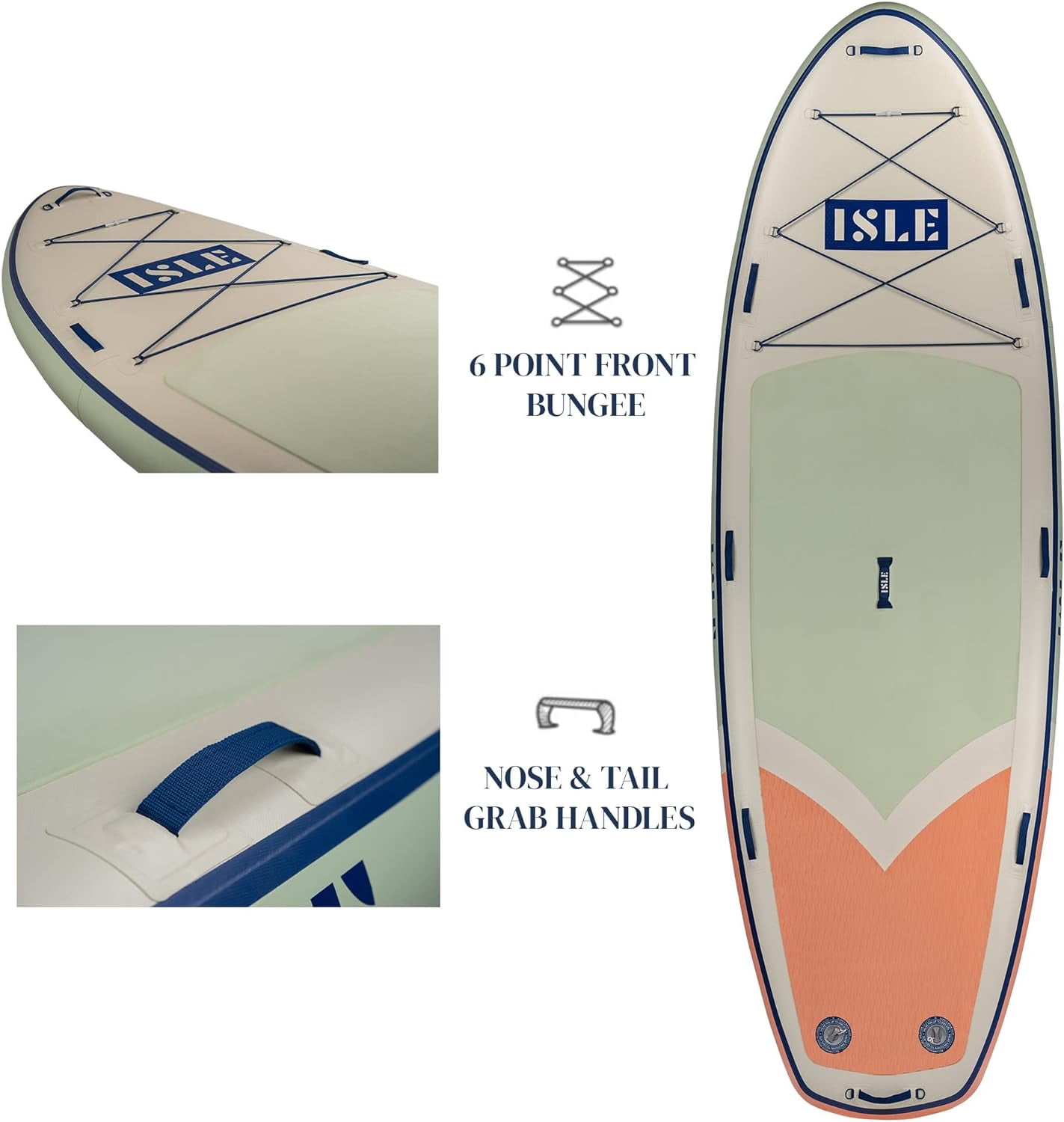 ISLE Megalodon Inflatable Stand Up- 1,050lbs Max Capacity—12'Lx45"Wx8" OR 15'Lx56"Wx8"(Seafoam/Peach, 15')