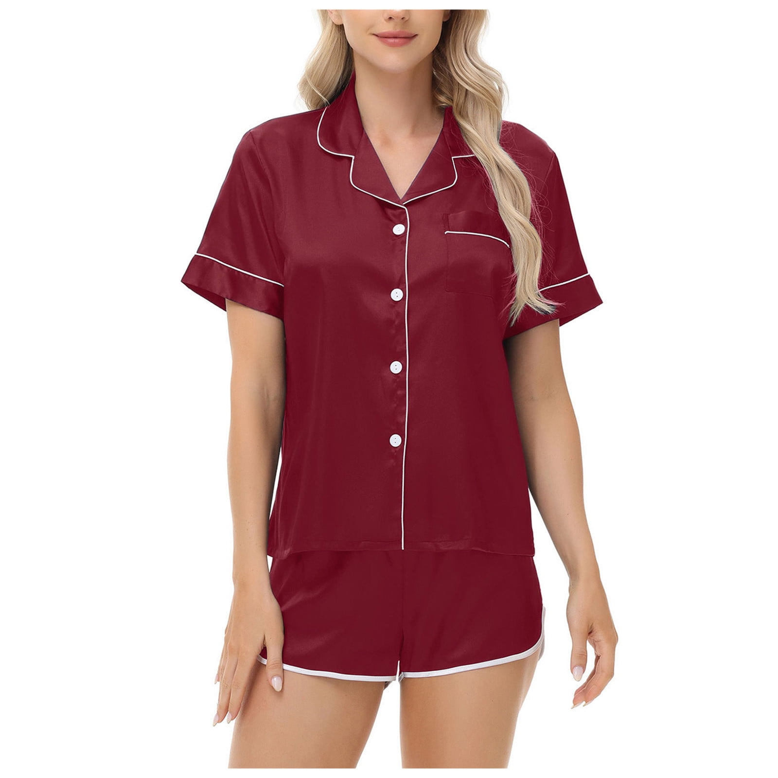 ZQUUVOU Silk Pajamas Set for Women Short Sleeve Short Pants Casual 2-Piece Sets Button Loungewear with Pockets Burgundy B